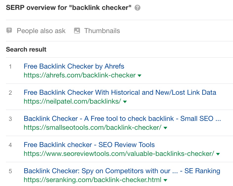 SERP overview for "backlink checker" 