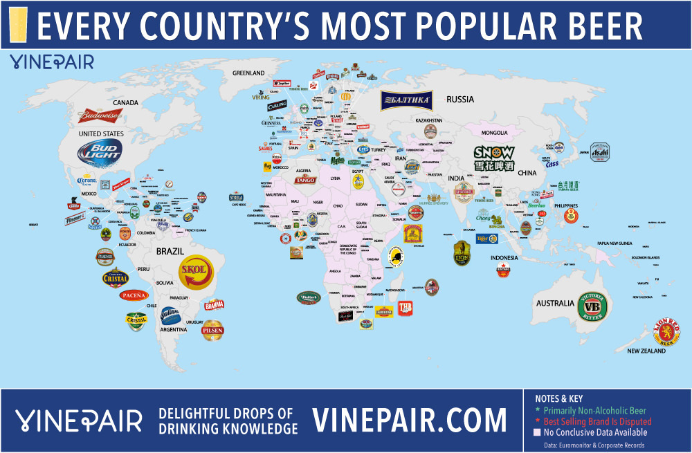 World map with logos of different beer brands on various areas