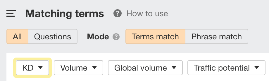 KD filter in Matching terms report