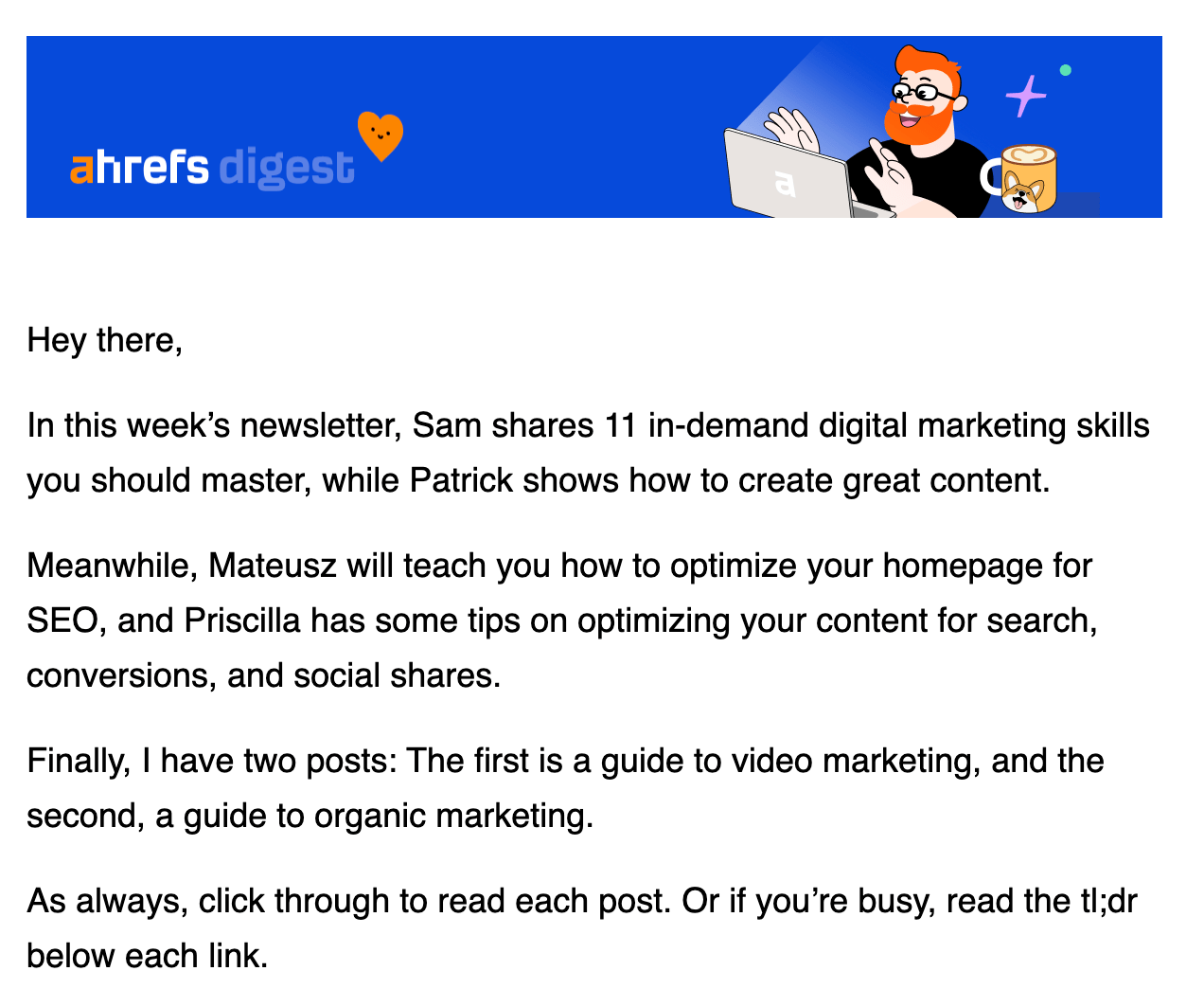 Example of Ahrefs' weekly newsletter