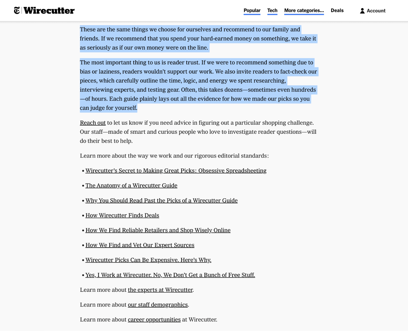 Excerpt of article stating Wirecutter staff will fact-check and consult various people and resources for all information on the site