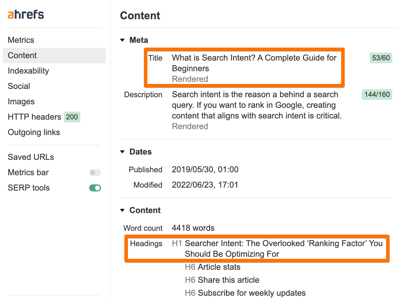 Example tetle and H1 from ahrefs SEO Toolbar