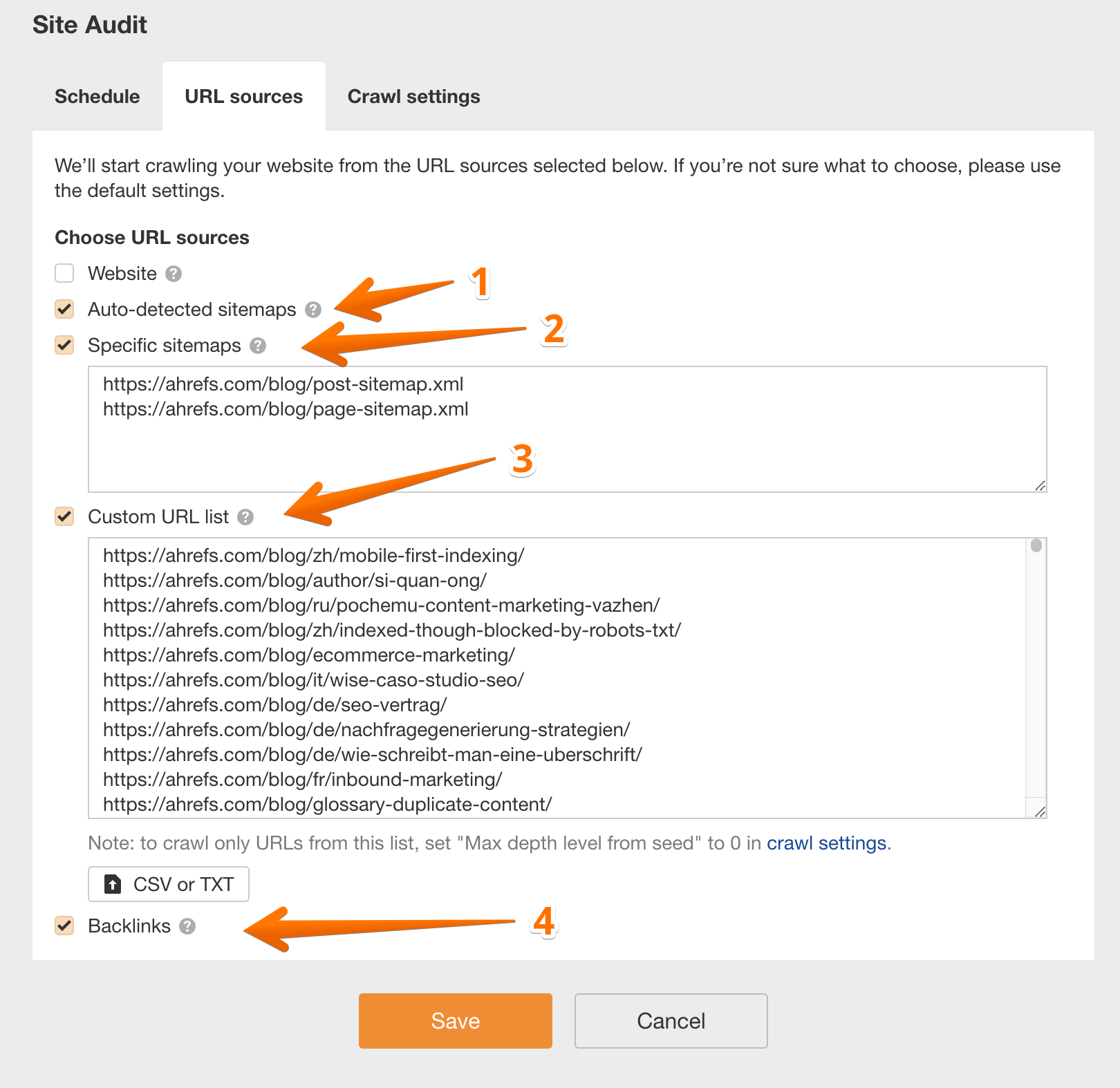 Creating a new crawl in Ahrefs Site Audit to find orphan pages