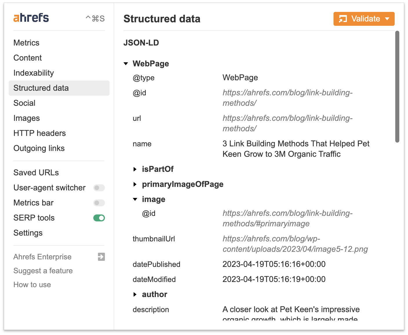 Structured data in Ahrefs' SEO Toolbar