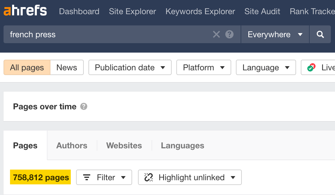 Number of pages for "french press", via Ahrefs' Content Explorer
