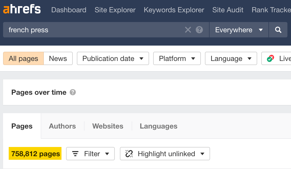 Número de páginas para "imprensa francesa", via Content Explorer do Ahrefs