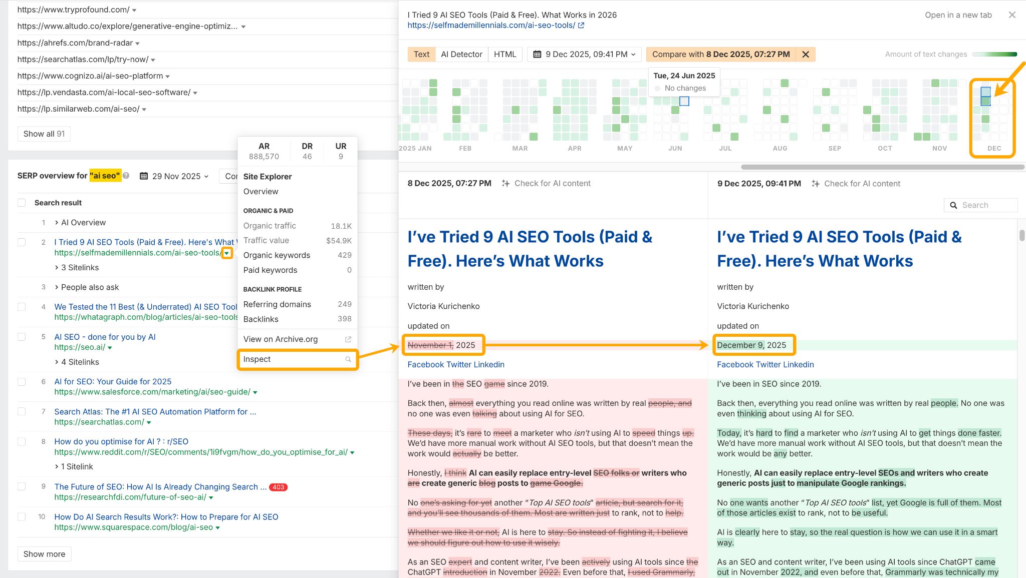 Side-by-side comparison in the Page Inspect tool in Ahrefs Site Explorer showing content update from December 8, 2025 to December 9, 2025 for "I Tried 9 AI SEO Tools" article, with calendar heatmap highlighting the update date and visible text changes between versions