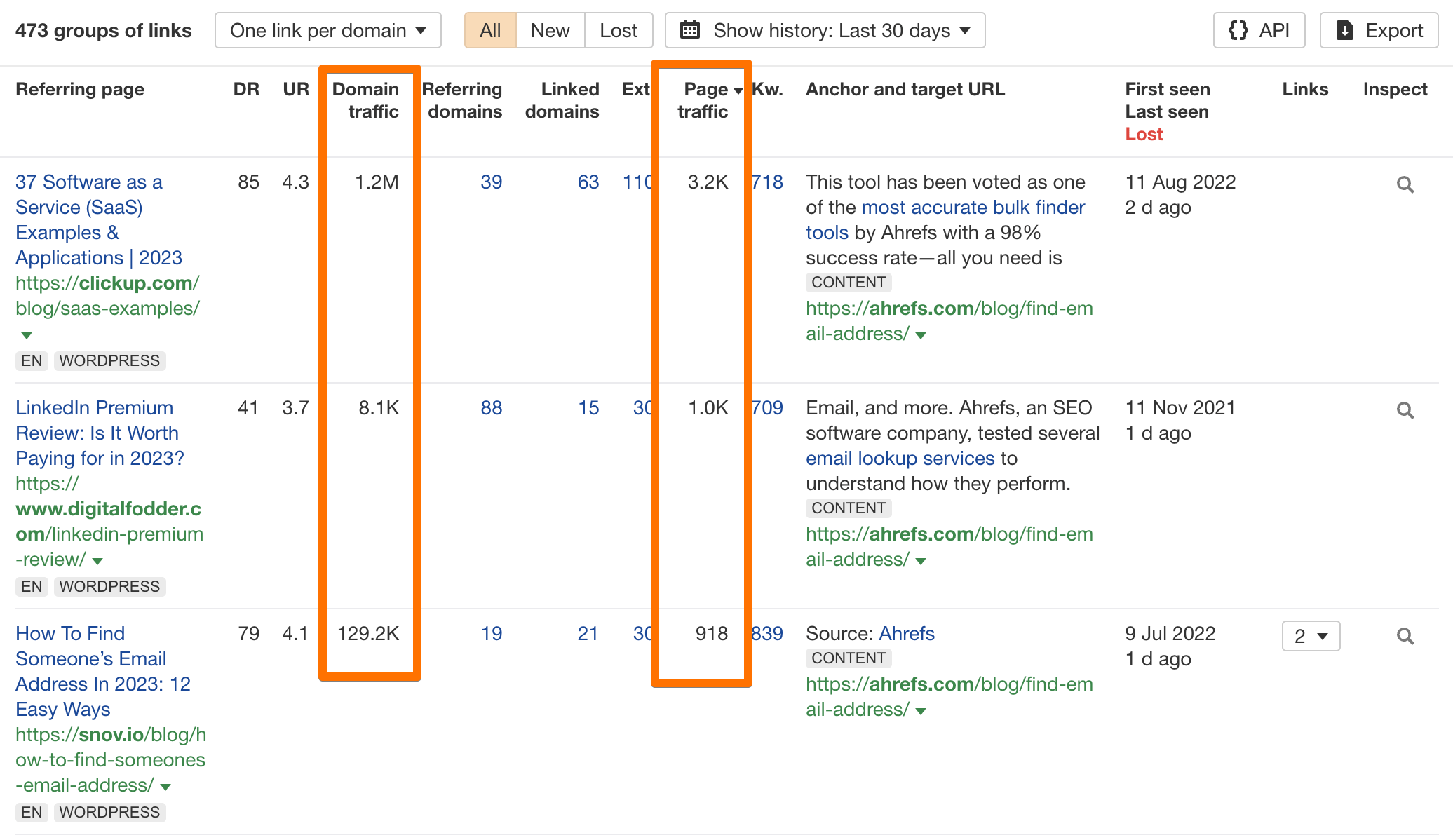 traffic in backlinks report