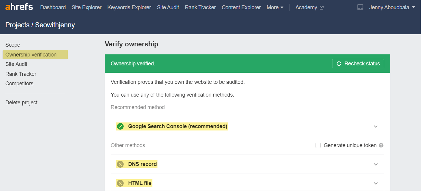 Verifying ownership in Ahrefs' Site Audit