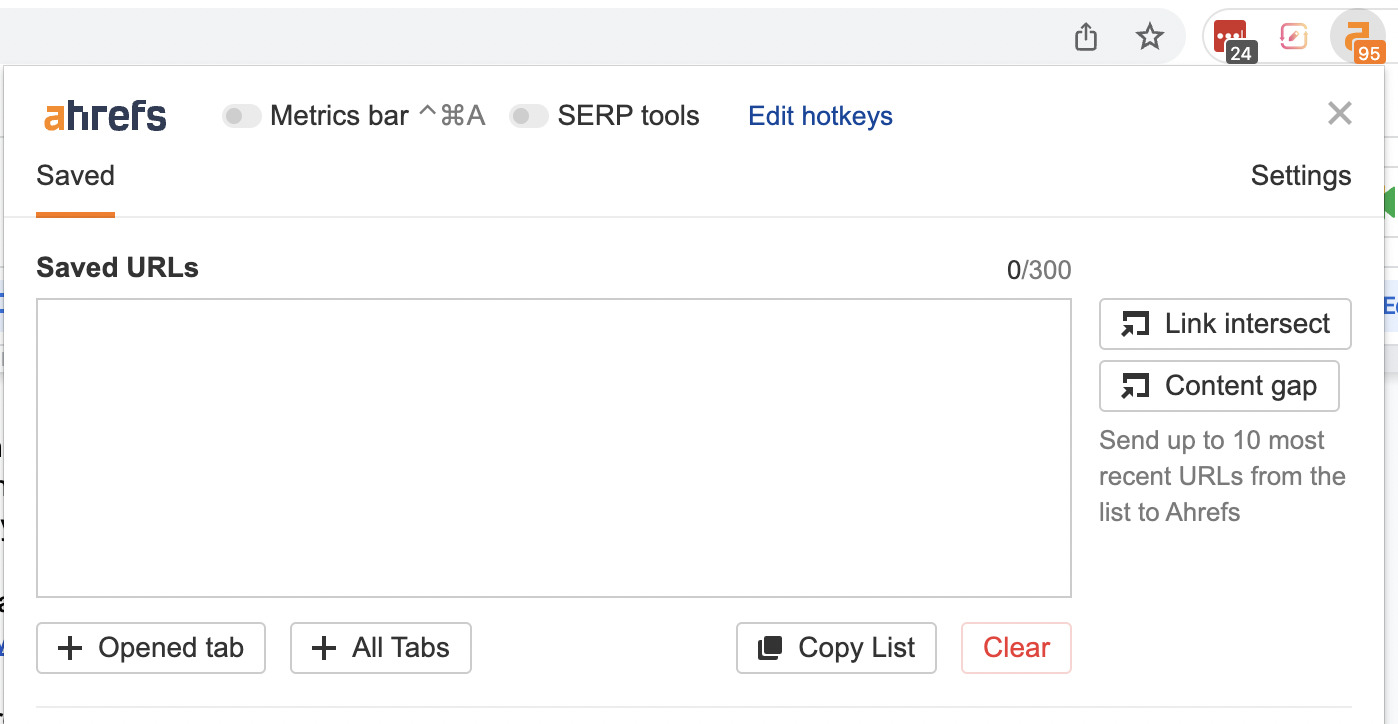 Barre d'outils SEO d'Ahrefs : options pour basculer les fonctionnalités ci-dessus, champ de texte pour ajouter des URL, etc.