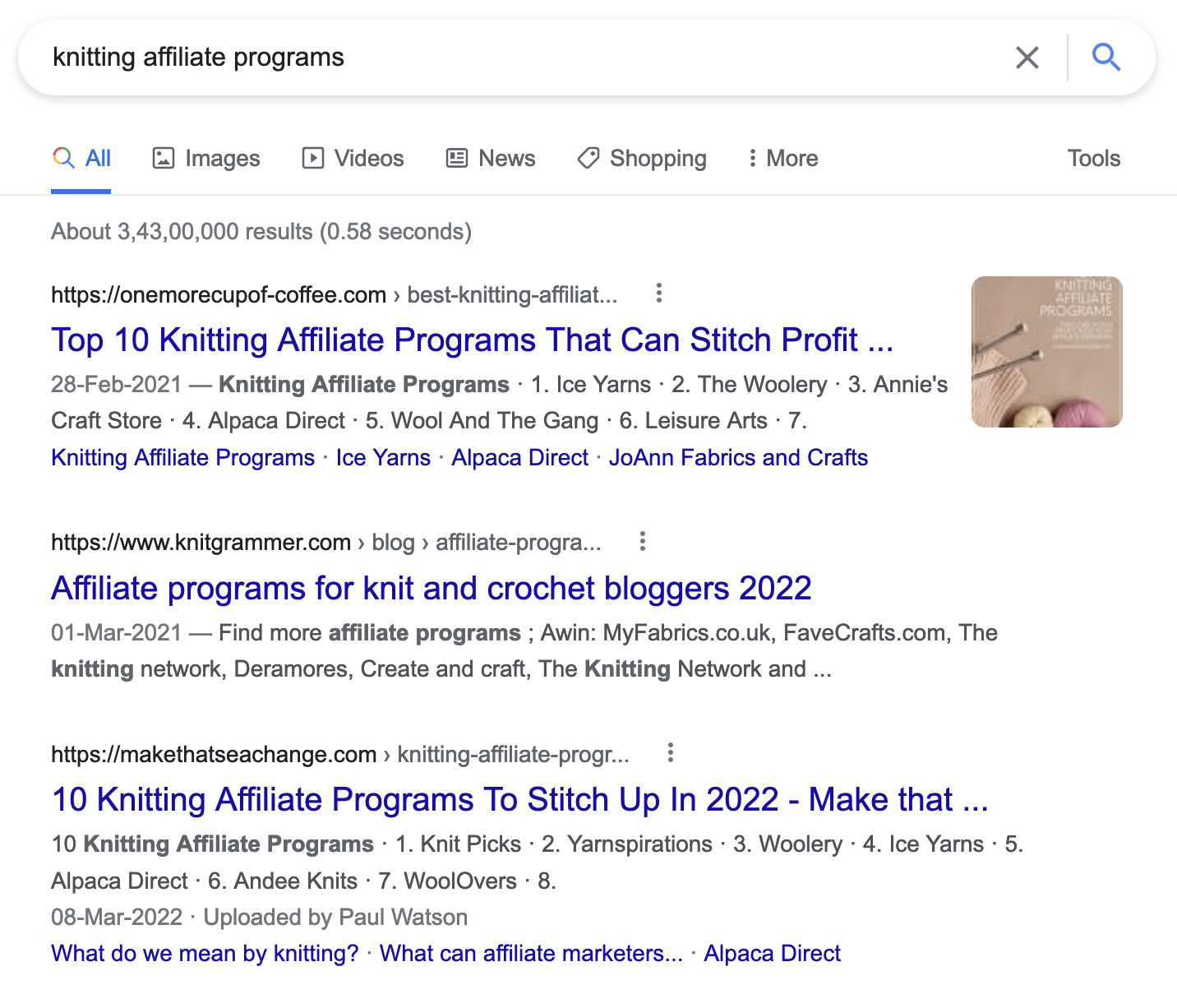 Google SERP for "knitting affiliate programs"