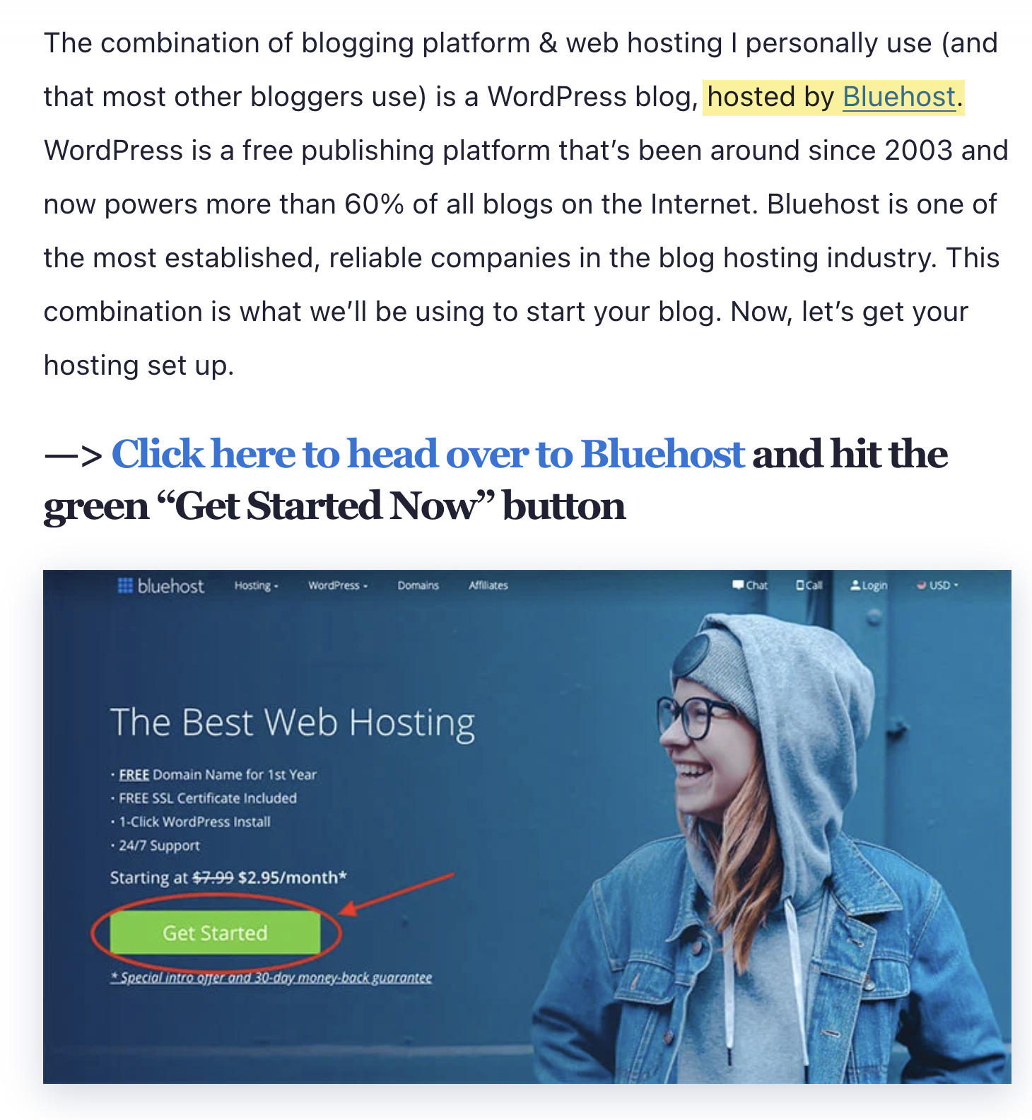 CTA asking site visitors to use Bluehost, a web hosting service