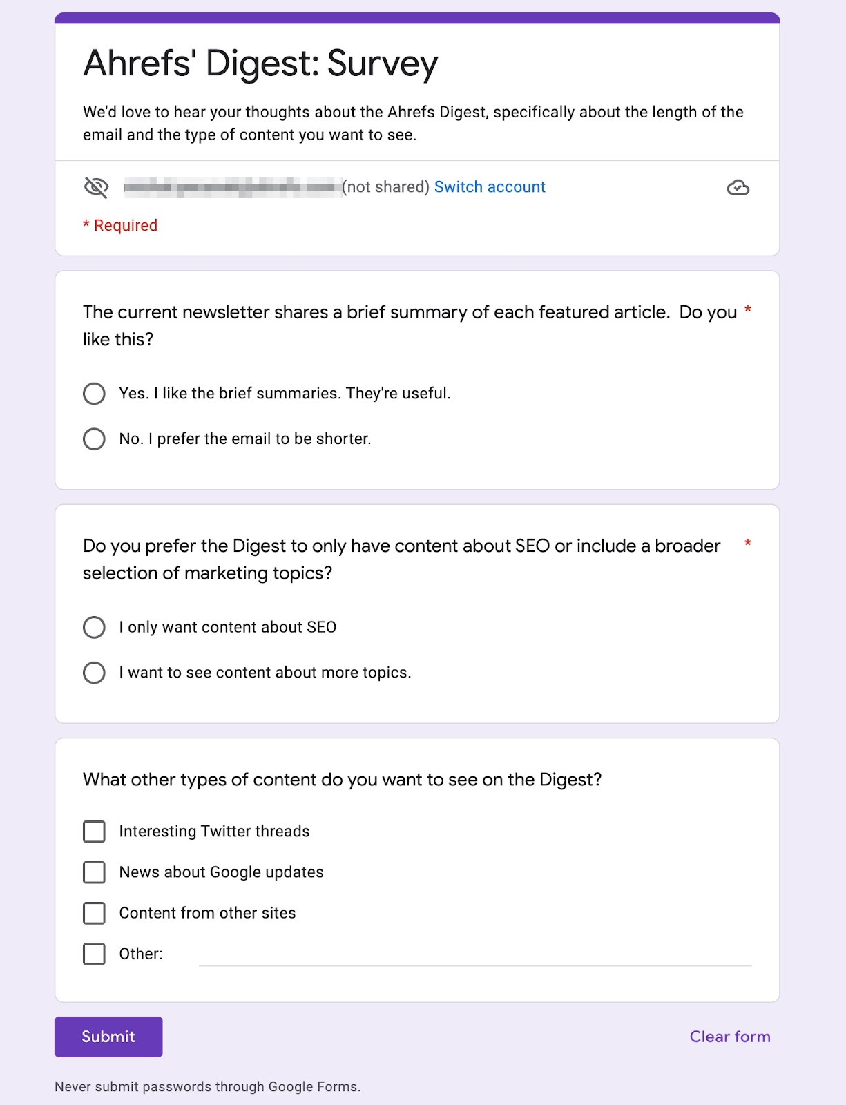 Ahrefs' Digest survey on Google Forms