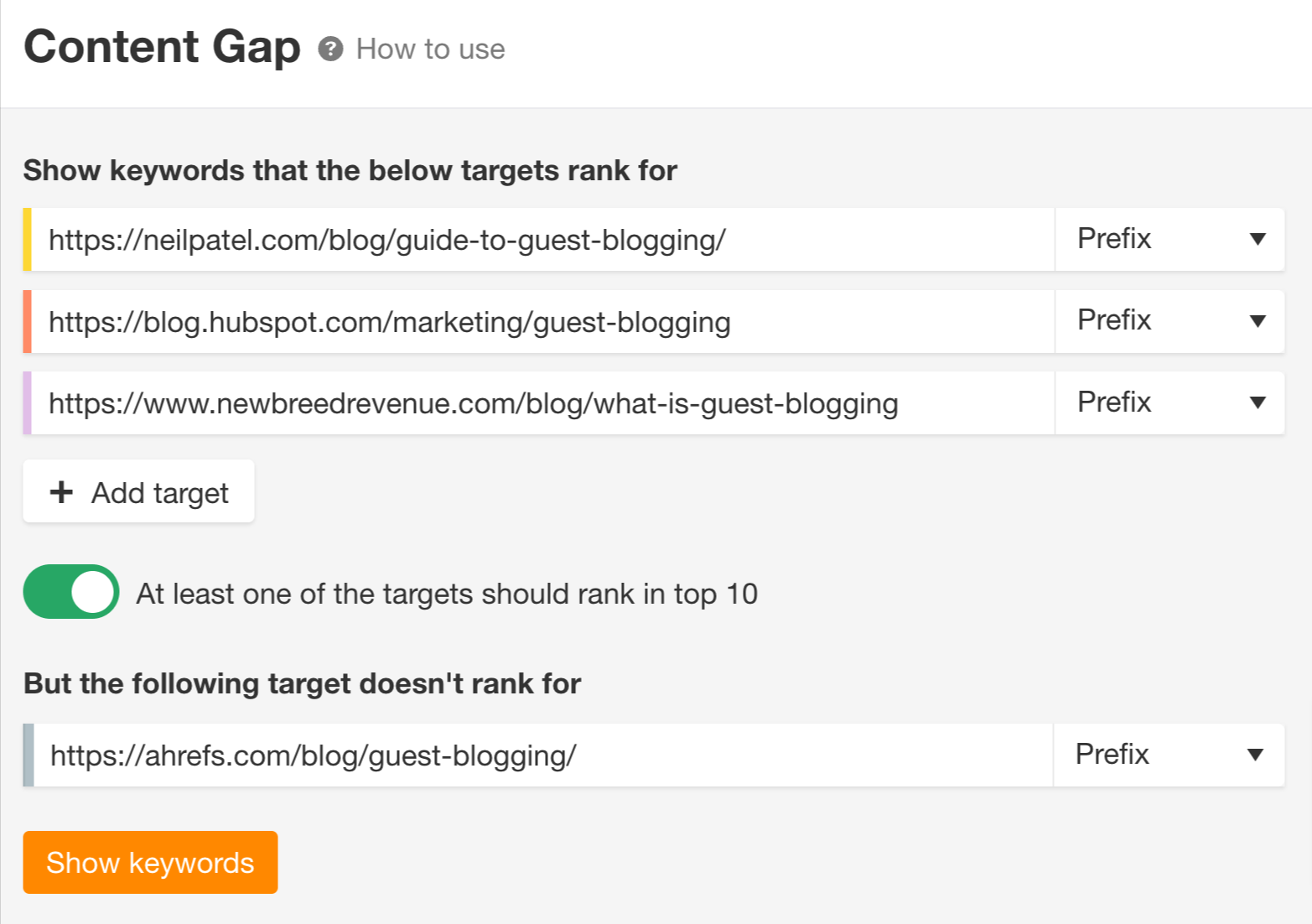 Content Gap tool to find guest blogging-related keywords Ahrefs' competitors rank for but the Ahrefs blog doesn't 