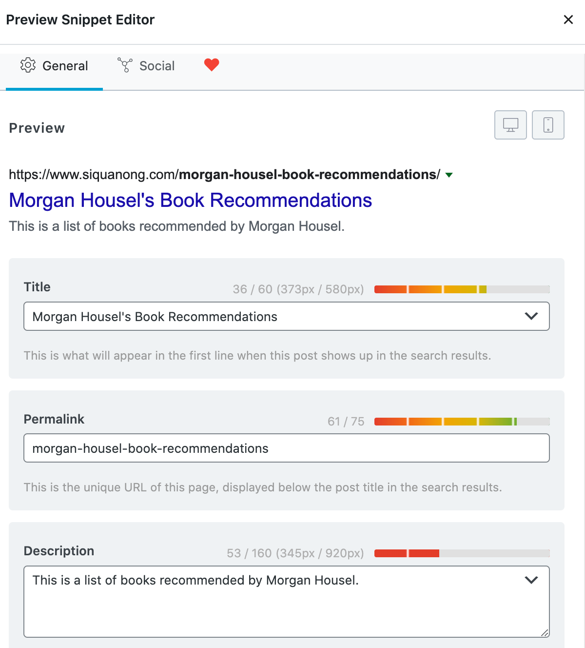 RankMath mostrando o título adicionado, permalink, etc.