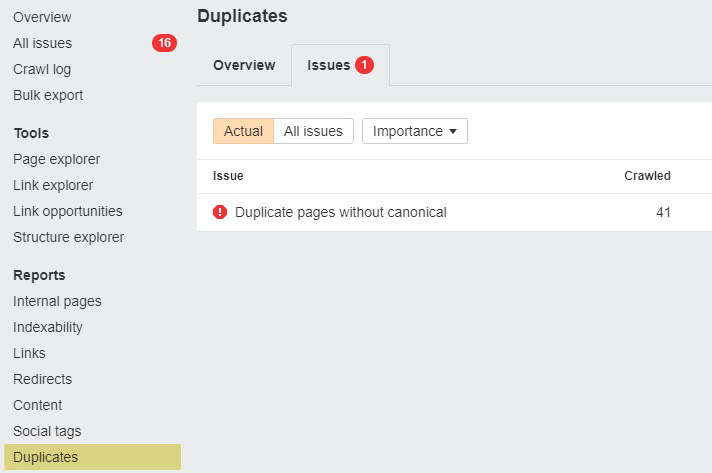 Duplicate pages without canonical via Ahrefs' Site Audit