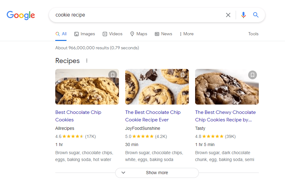 Recipe results with structured data