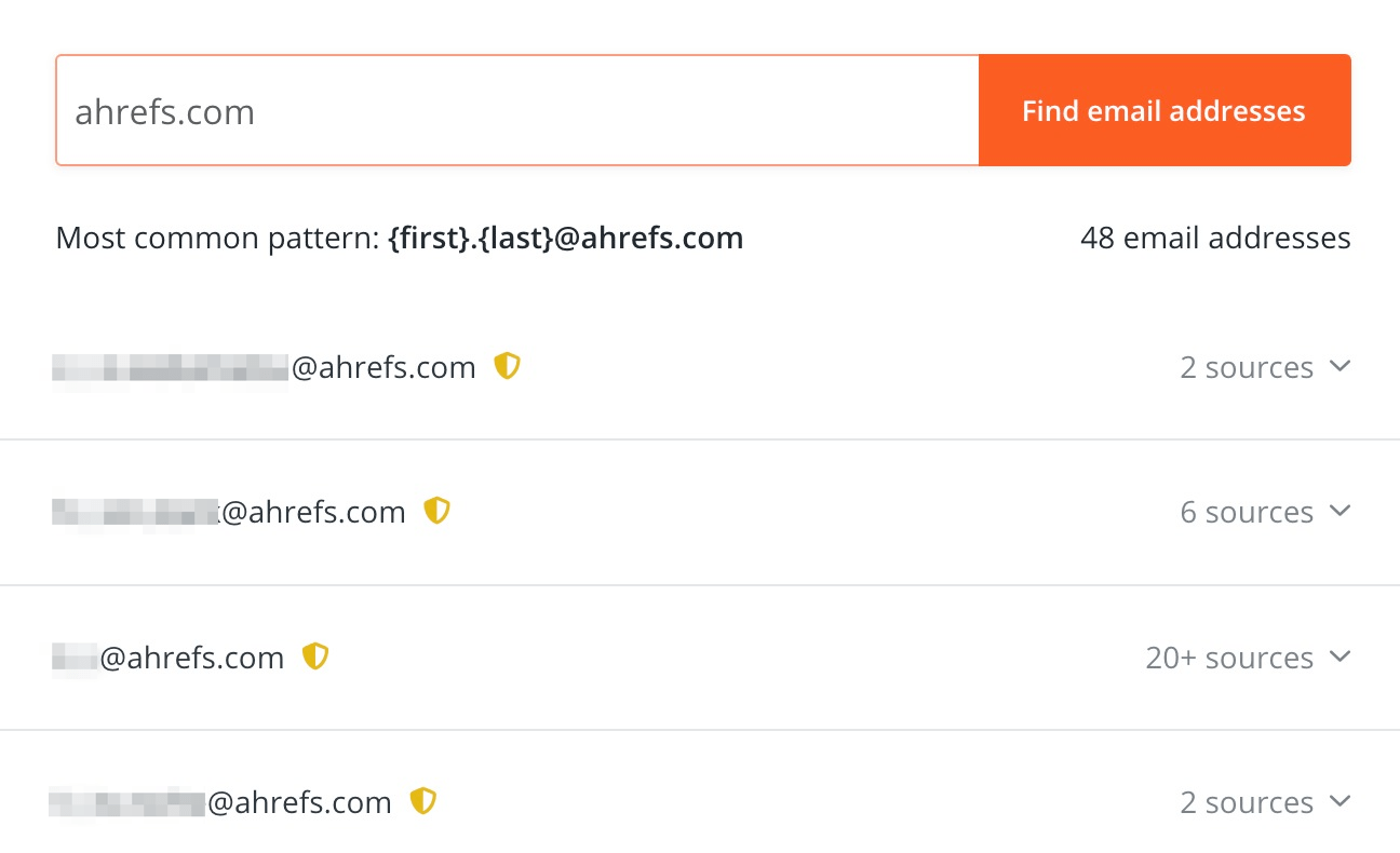 Search term "ahrefs.com" entered; below, list of email addresses