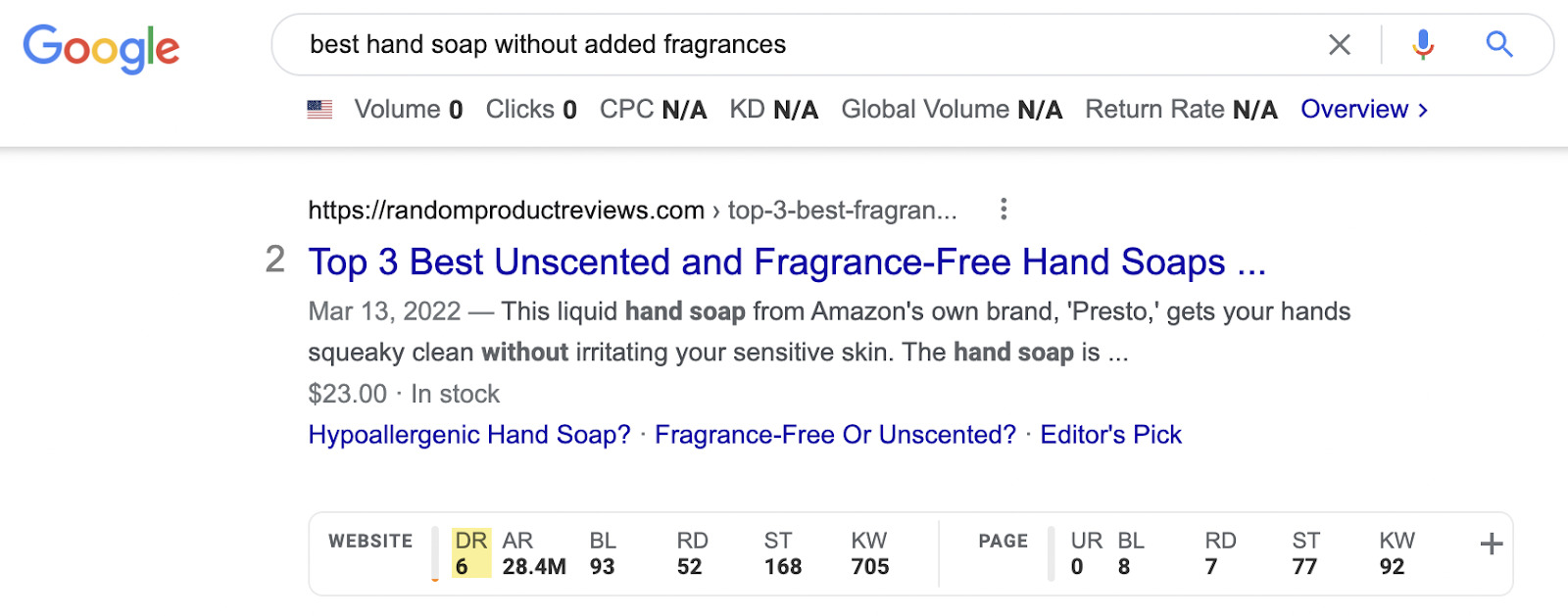 SERP de Google para "el mejor jabón de manos sin fragancias";  Barra de herramientas de SEO que muestra el resultado con DR de 6