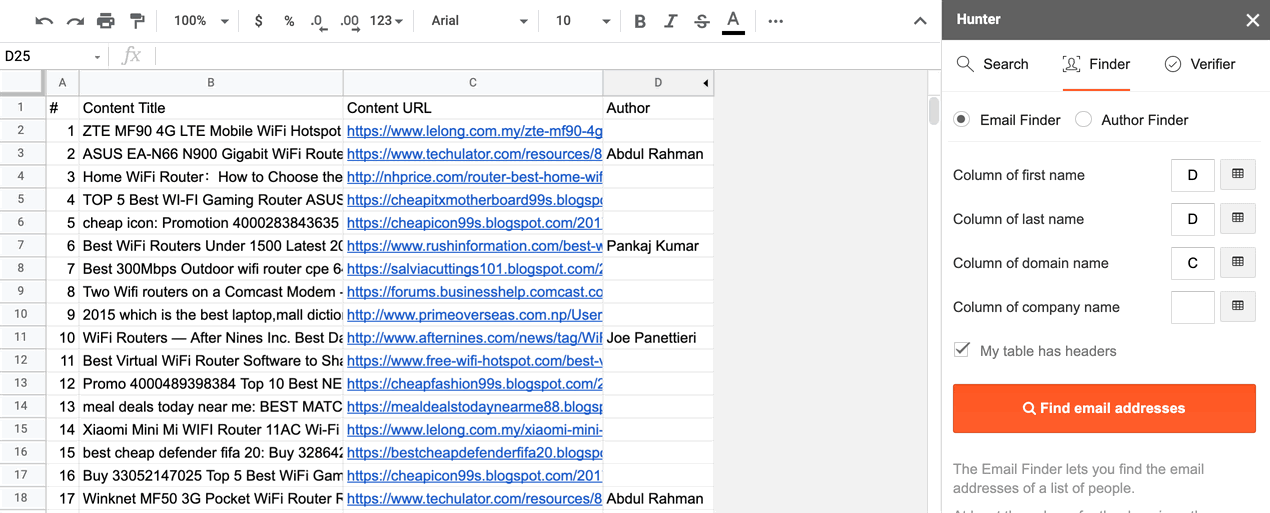 Hunter's Sheets add-on filling email addresses the tool can find