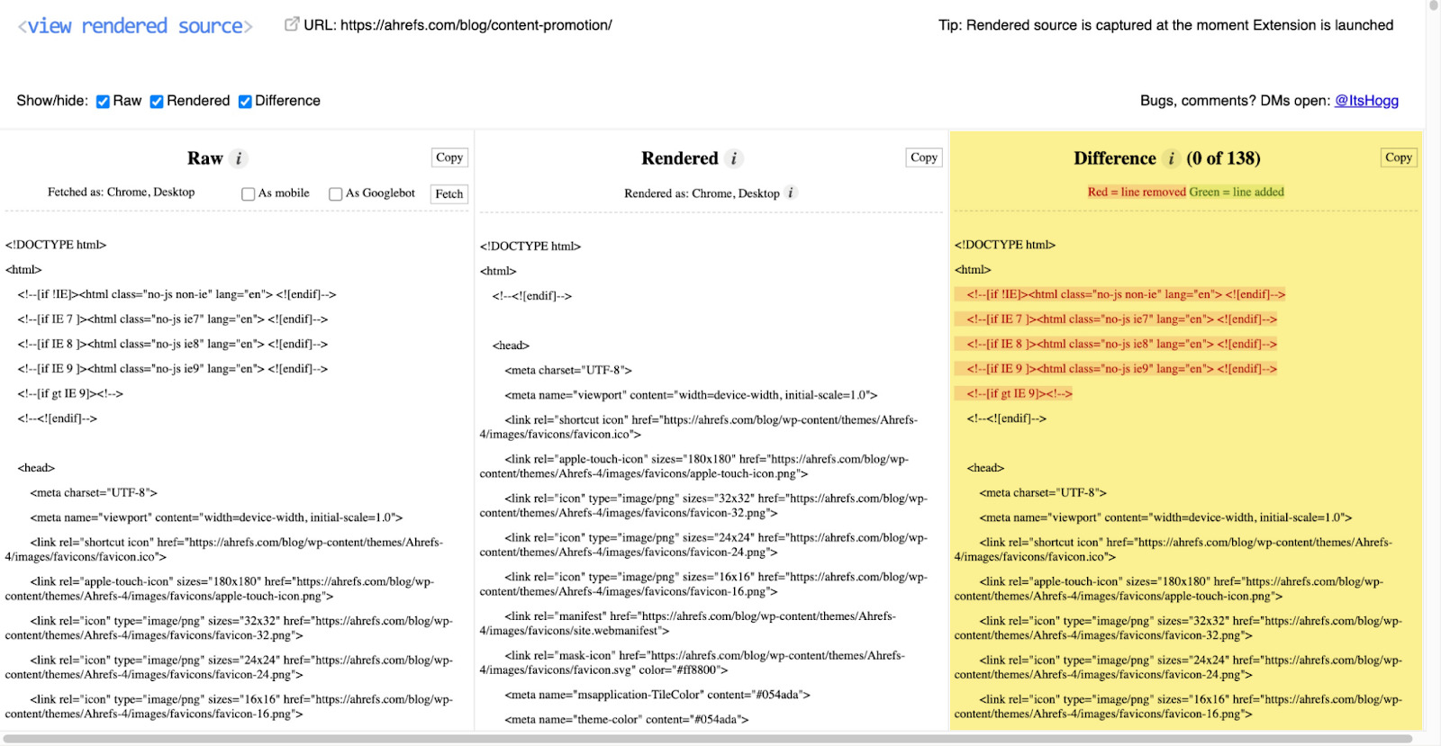 Página mostrando três colunas: HTML bruto, HTML renderizado e quais são as diferenças