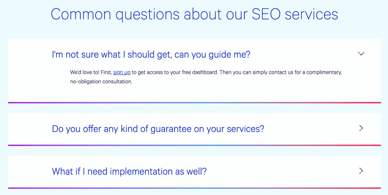 FAQ section on a product/service page