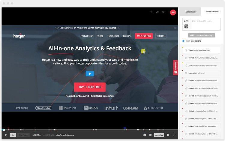 Hotjar's session recording tool