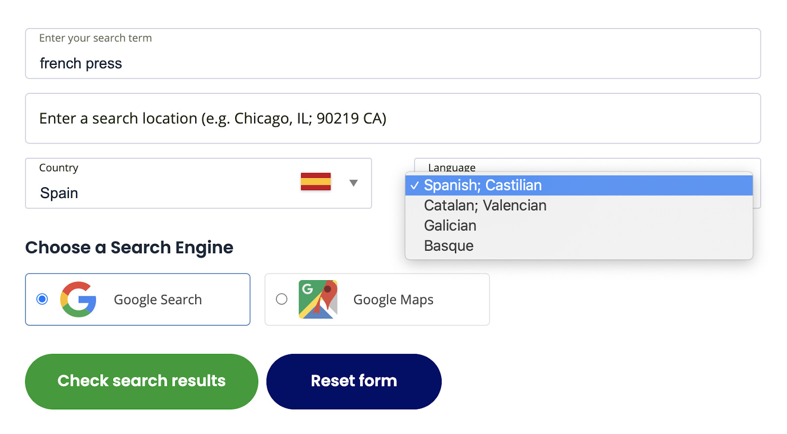 Drop-down to choose language