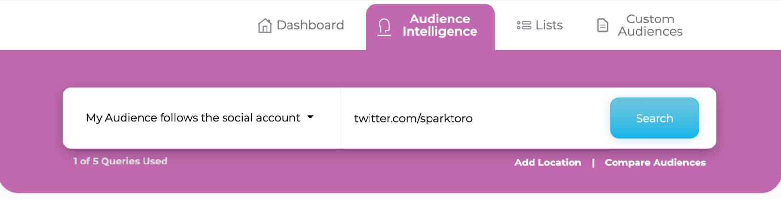 SparkToro text field to key in social account URL to acquire audience intelligence