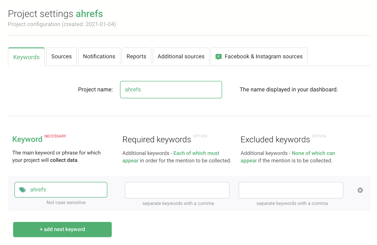 建立新项目的页面--本例是关于Ahrefs的页面