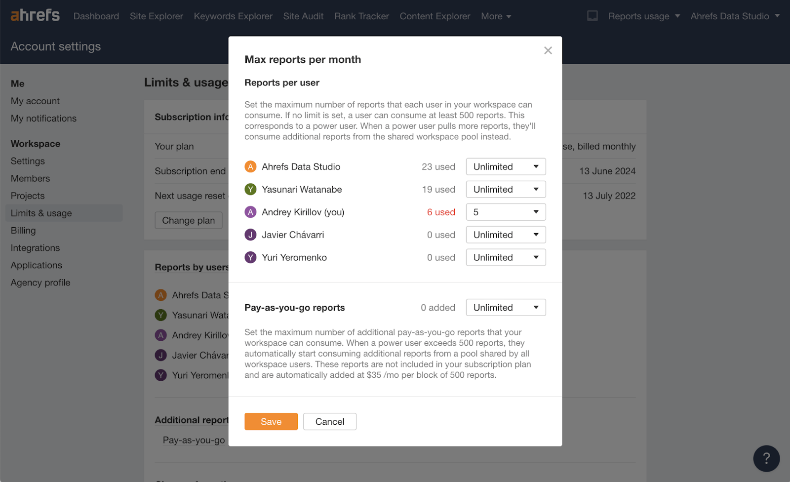 Set limits for individual workspace members and a global limit for additional pay-as-you-go reports