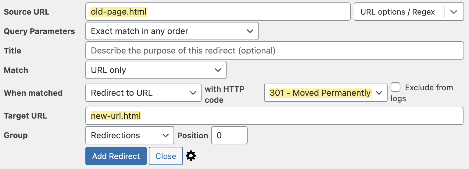 Page to create 301 redirect