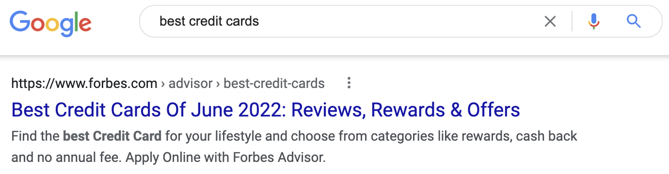 Top result for "best credit cards"
