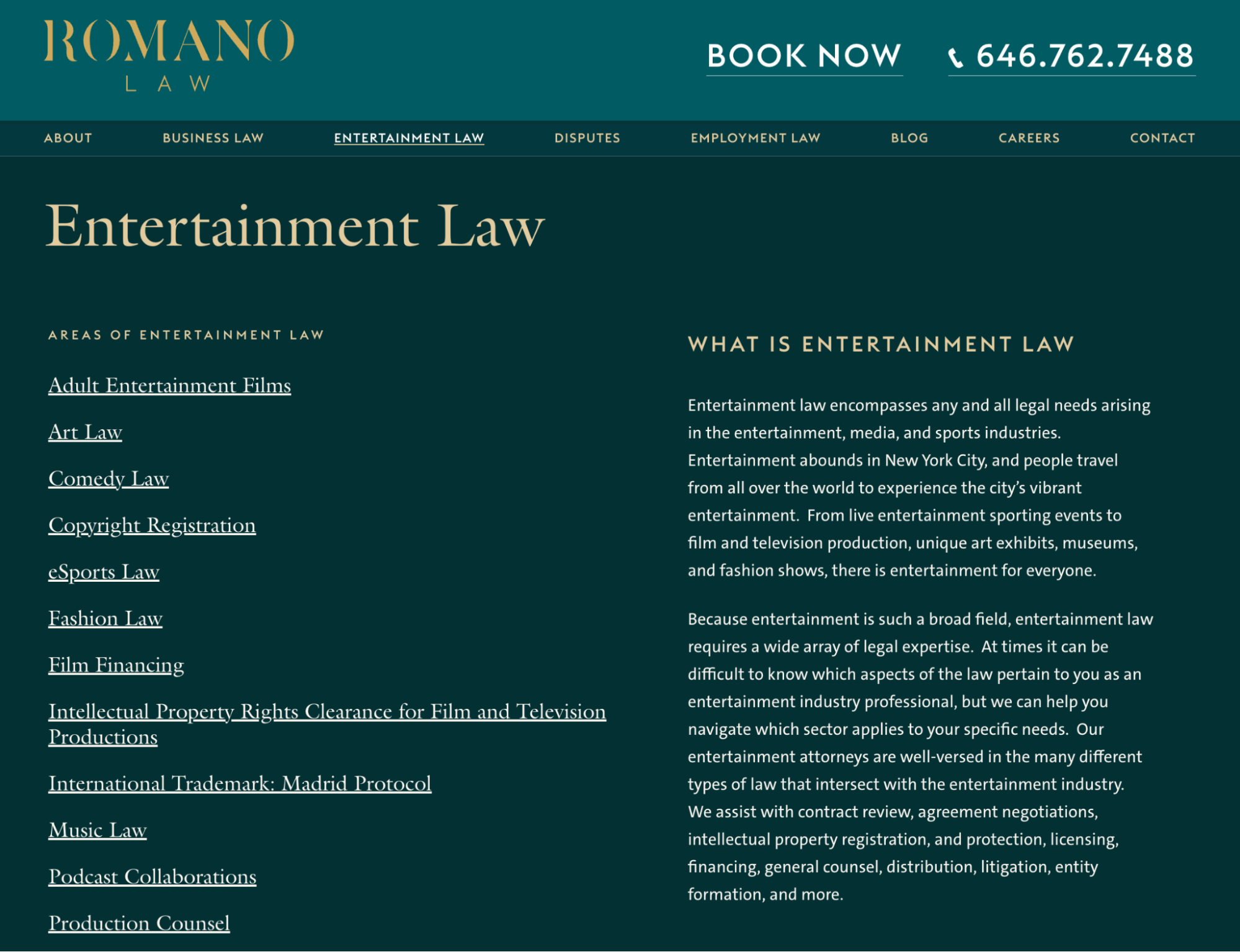Content hub with general information on entertainment law and links to relevant areas on the left