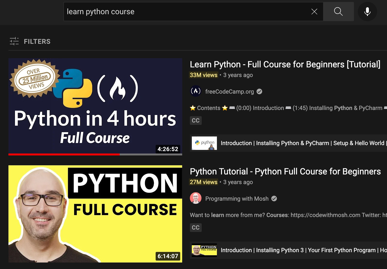 "Learn python course" search on YouTube.