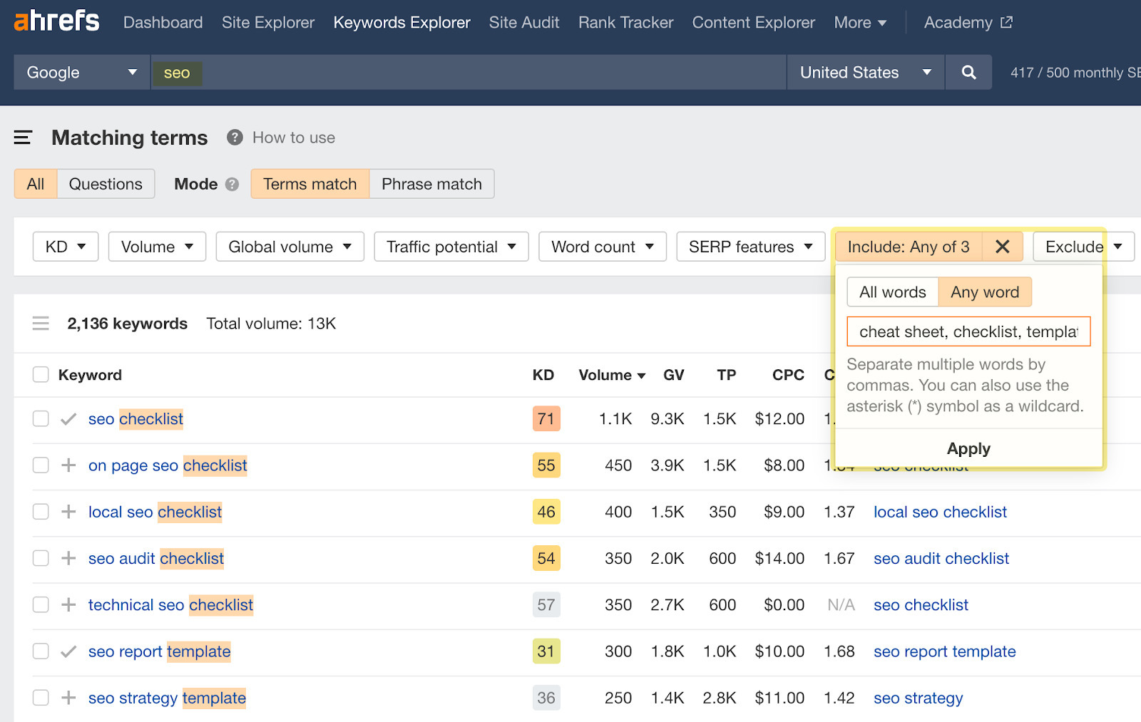 Matching terms report with applied filters