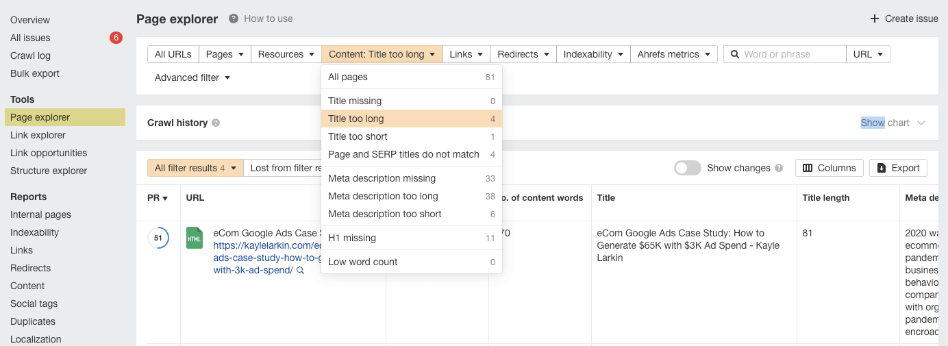 Captura de pantalla del informe del explorador de páginas de Ahrefs para "Título demasiado largo"