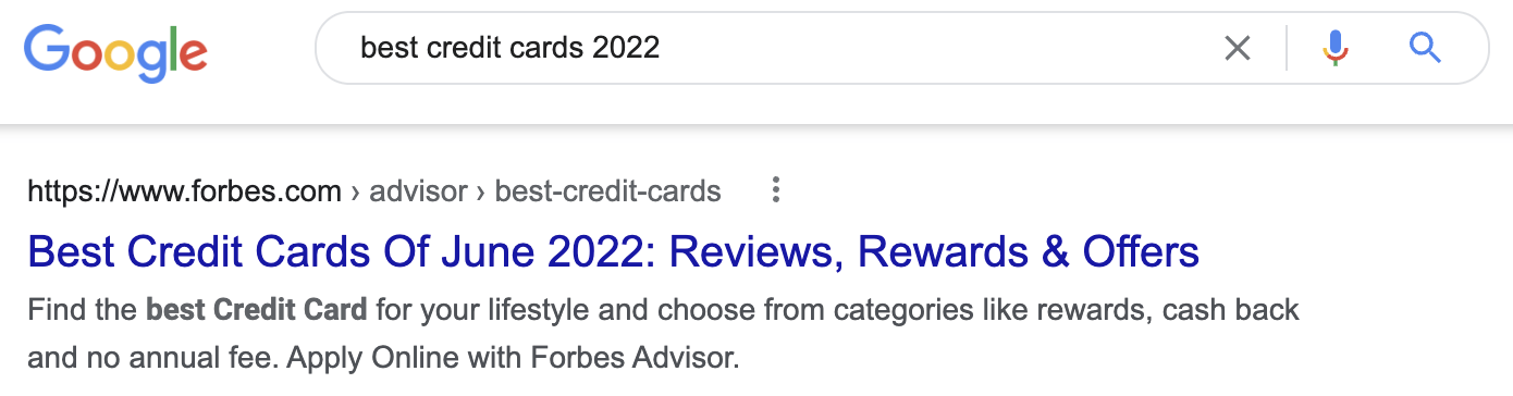 Top result for "best credit cards 2022"
