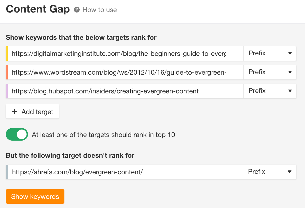 Content gap tool, via Ahrefs' Site Explorer