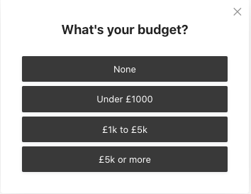 Pergunta com quatro opções perguntando ao visitante sobre seu orçamento