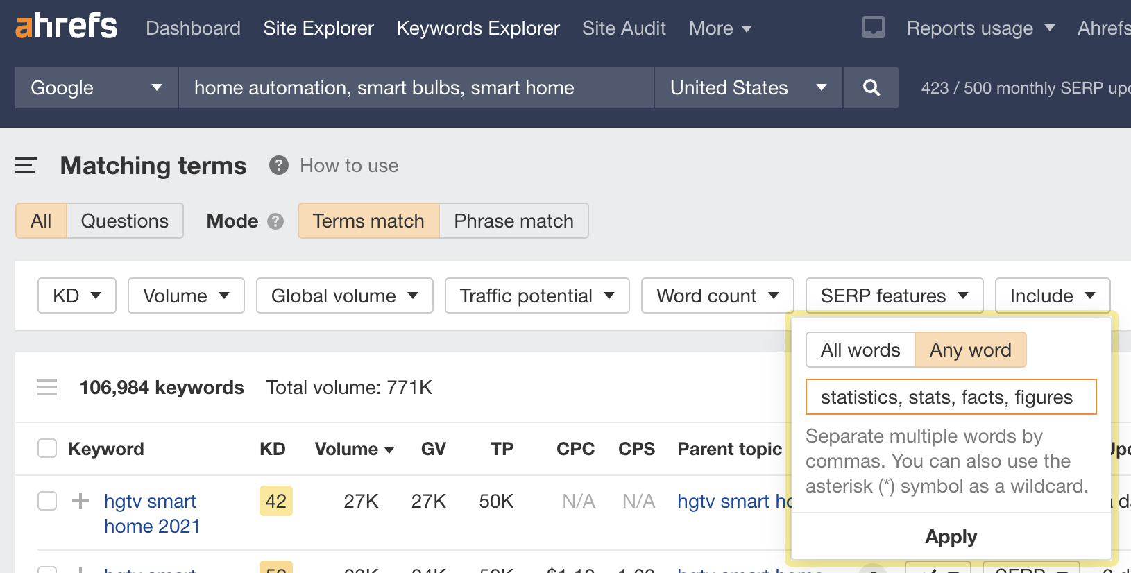 Filtering for keywords related to statistics and facts
