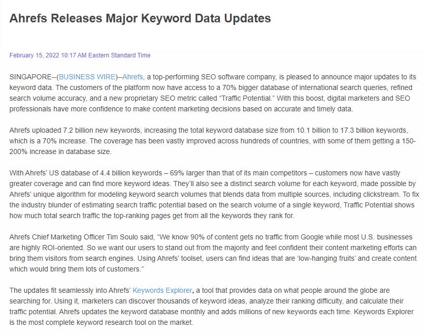 Press release example from Ahrefs
