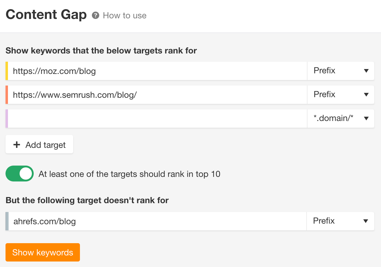 Content gap tool, via Ahrefs' Site Explorer