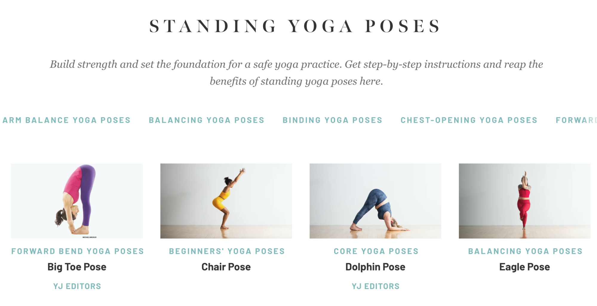 Exemplos de poses de ioga em pé (em formato de grade)