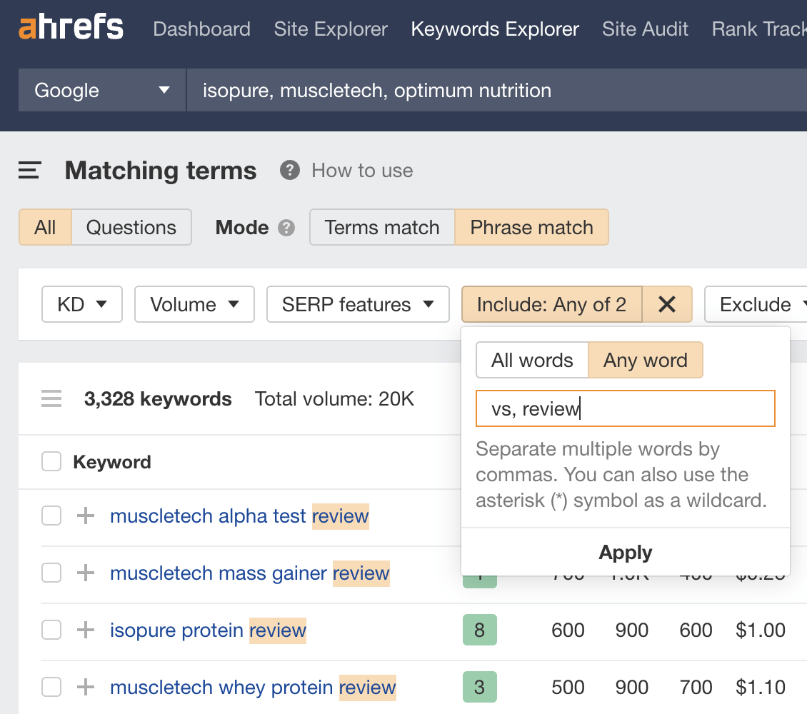 Filtering for "vs" and "review" keywords in Keywords Explorer