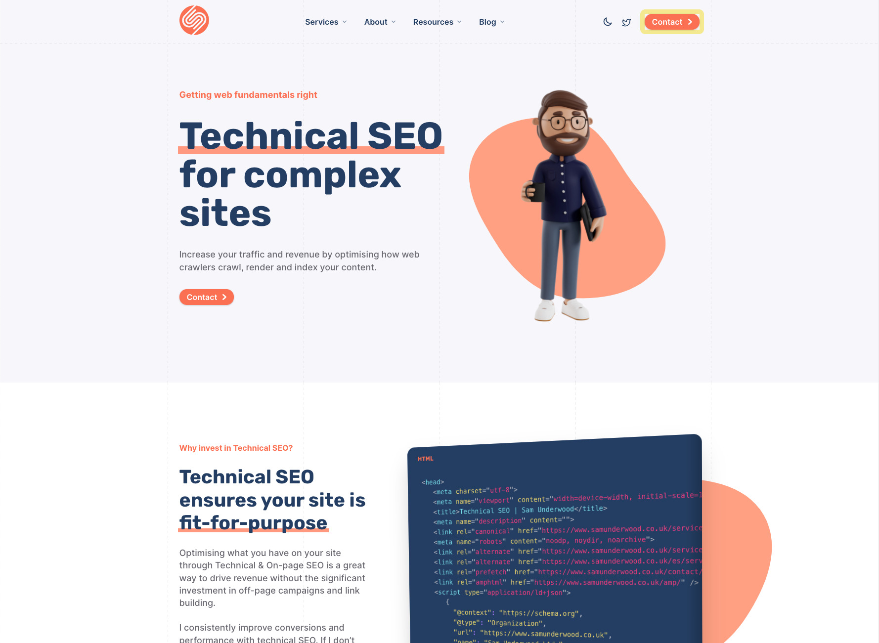 Landing page dos serviços de SEO de Sam Underwood