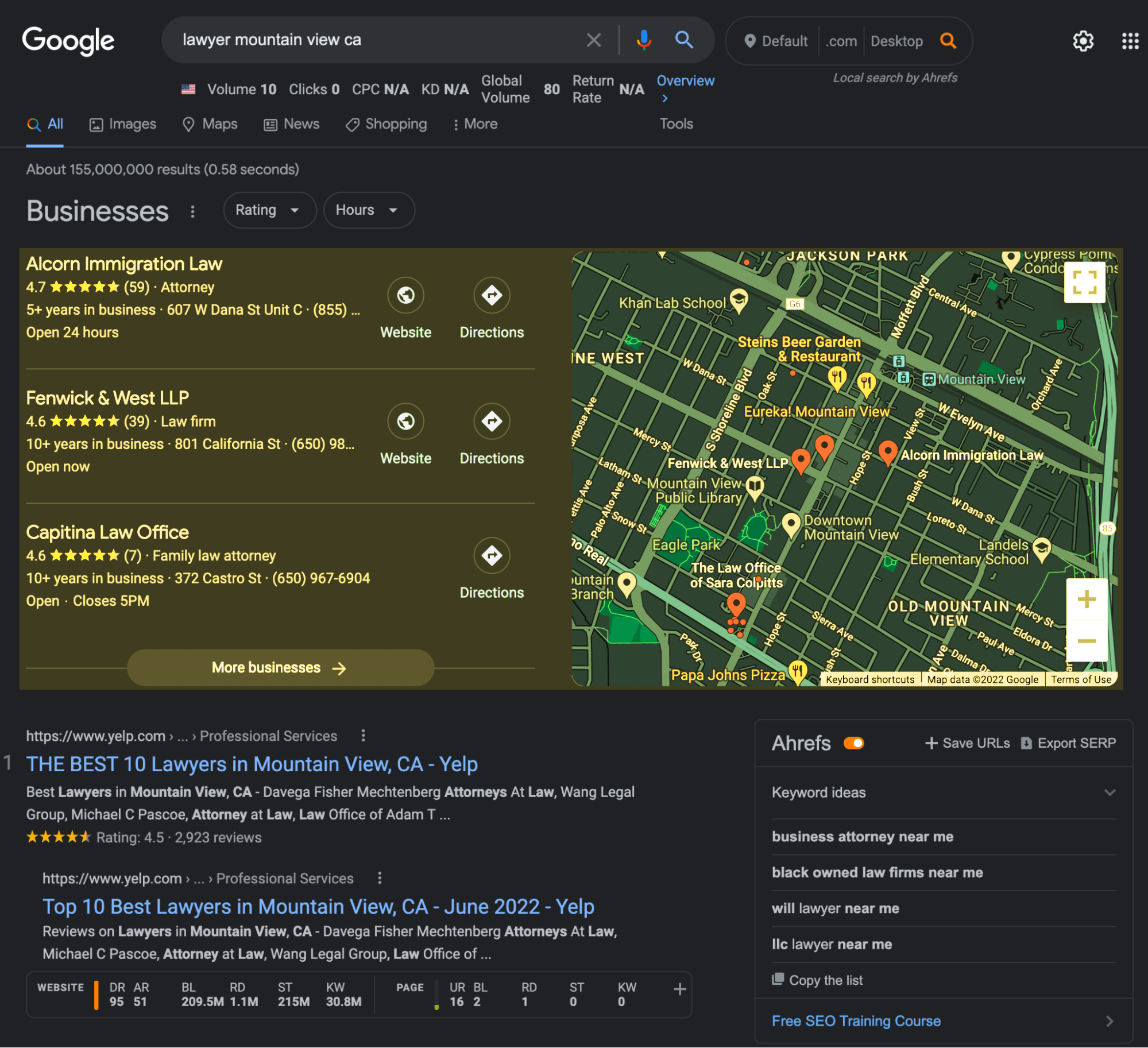 Resultados de pesquisa com pacote de mapas e resultados orgânicos