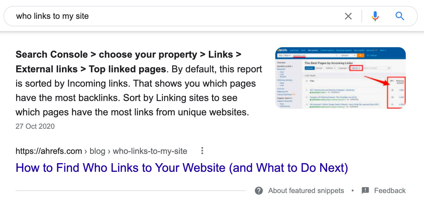 Featured snippet for the query "who links to my site"
