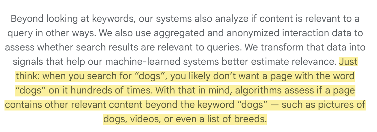 Passage from Google's How Search Works page, explaining how Google analyzes whether a piece of content is relevant