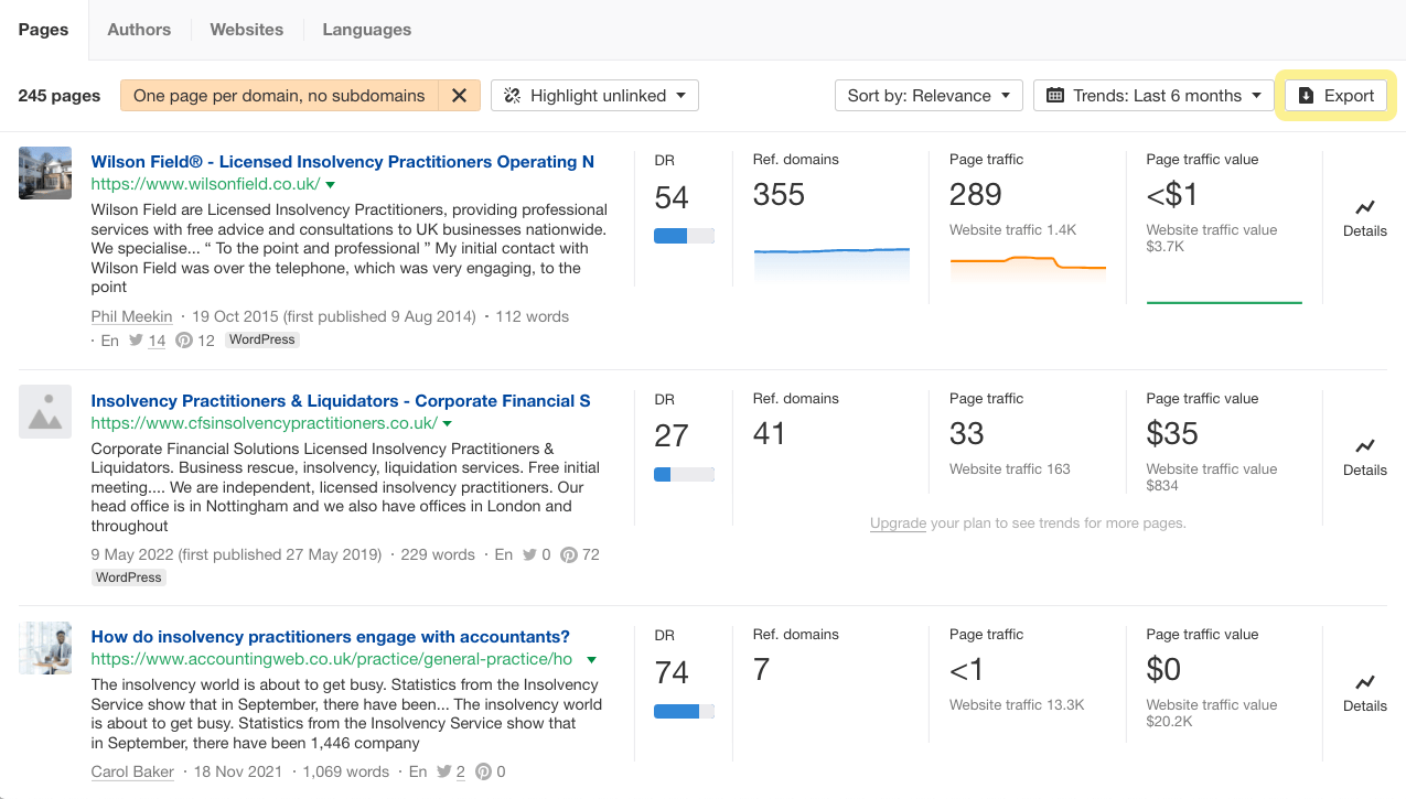 Pesquisando profissionais de insolvência no Content Explorer